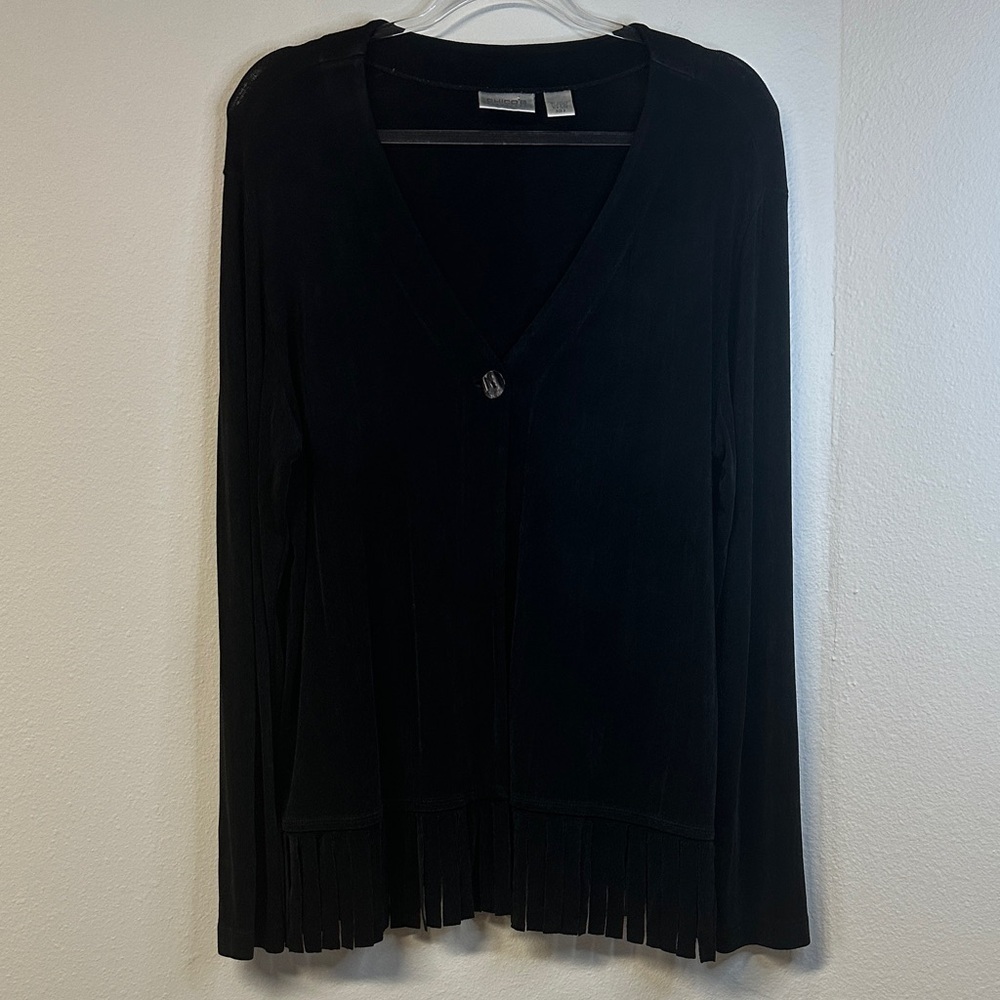 Chico’s Travelers Black Fringe-Hem One-Button Cardigan Size 16